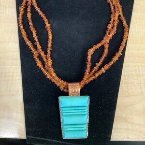 Vintage DTR Jay King Turquoise & Baltic Amber 3 Strand Pendant Necklace Copper?